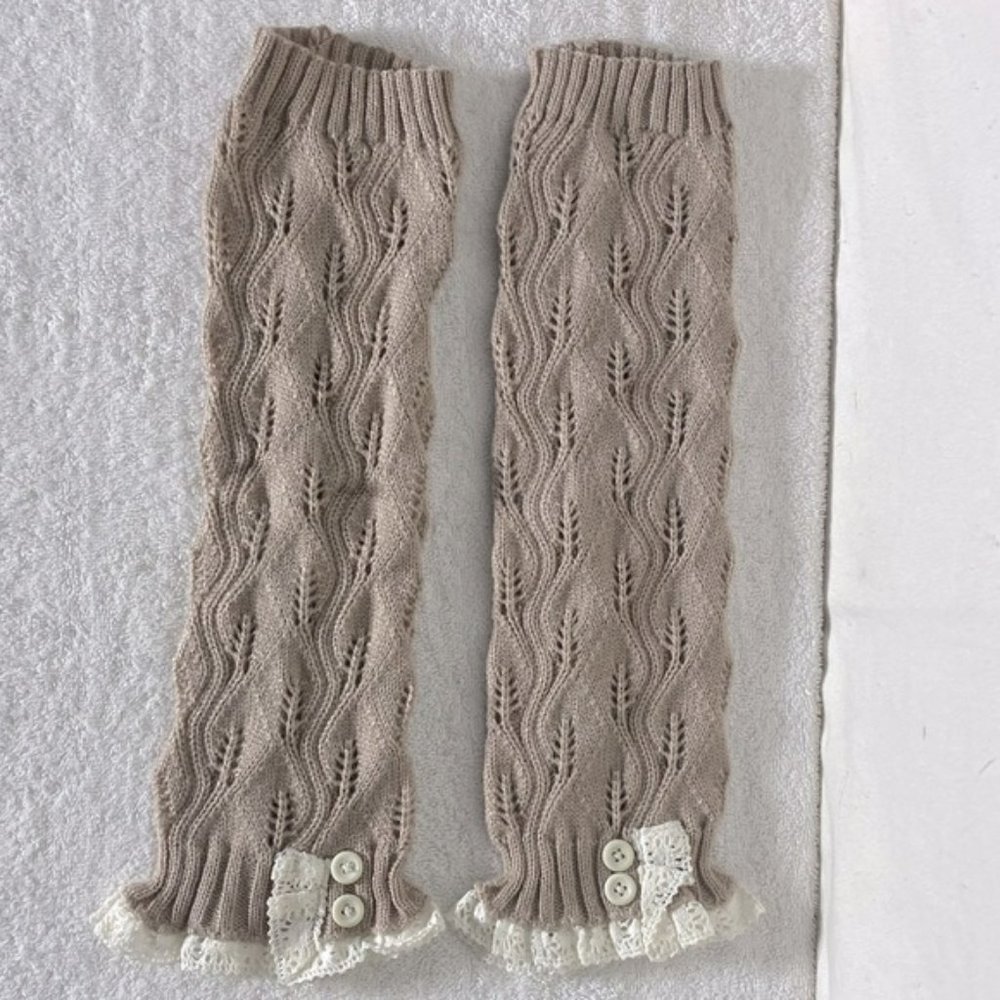 Beige Knit Leg Warmers Or Sleeve Extenders With Cream Lace Trim